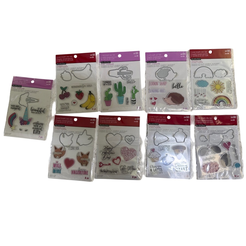 Recollections Valentines Day Clear Stamp and Die Set Lot of 9 New Unicorn Cactus